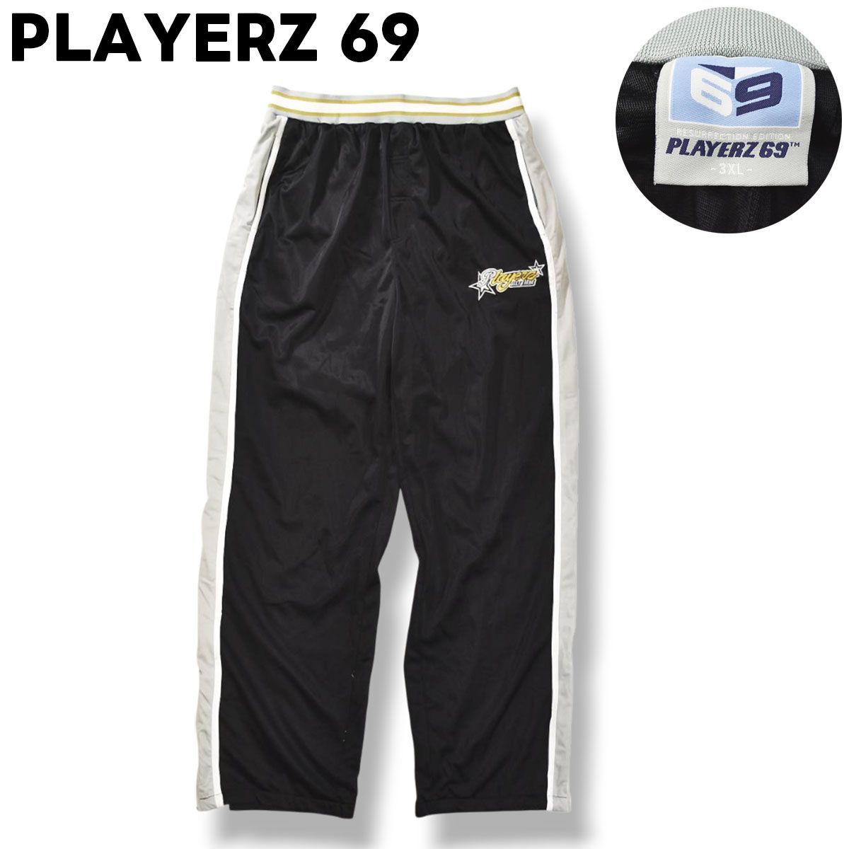 プレイヤーズ シックスティナイン PLAYERZ 69 トラック パンツ ジャージ 裏地 メッシュ 刺繍 ロゴ 3XL ブラックxグレー ストリート カジュアル ウェア ルーズ ビッグシルエット オーバーサイズ メンズ