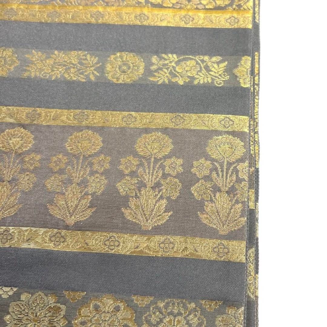 袋帯 全通 間道模様 華紋 唐花 横縞 草木染 本金箔 着物 帯 014a d  