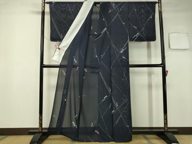 平和屋着物＊夏物 小紋 絽 吉祥花文 黒地 洗える着物 CAAW9876gh