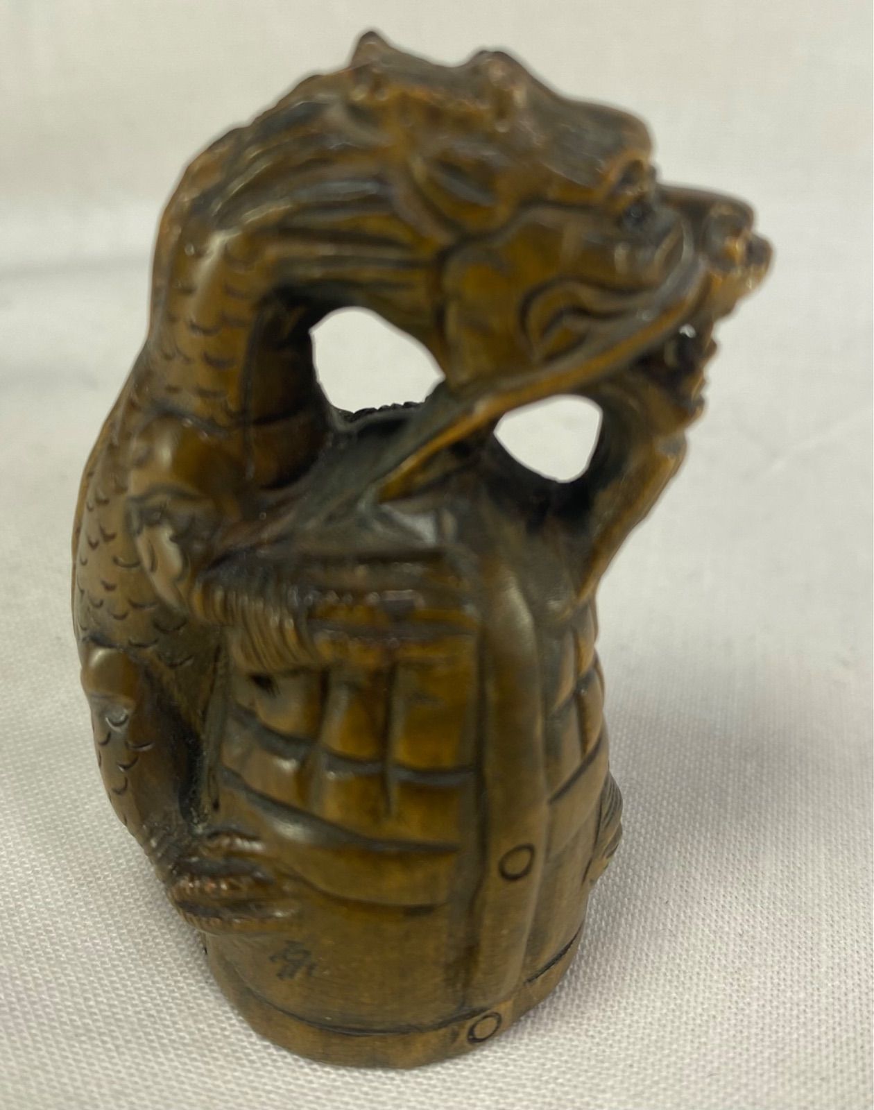 丸玉 柘植 置物 十二支龍 黄楊繊細彫刻 木製