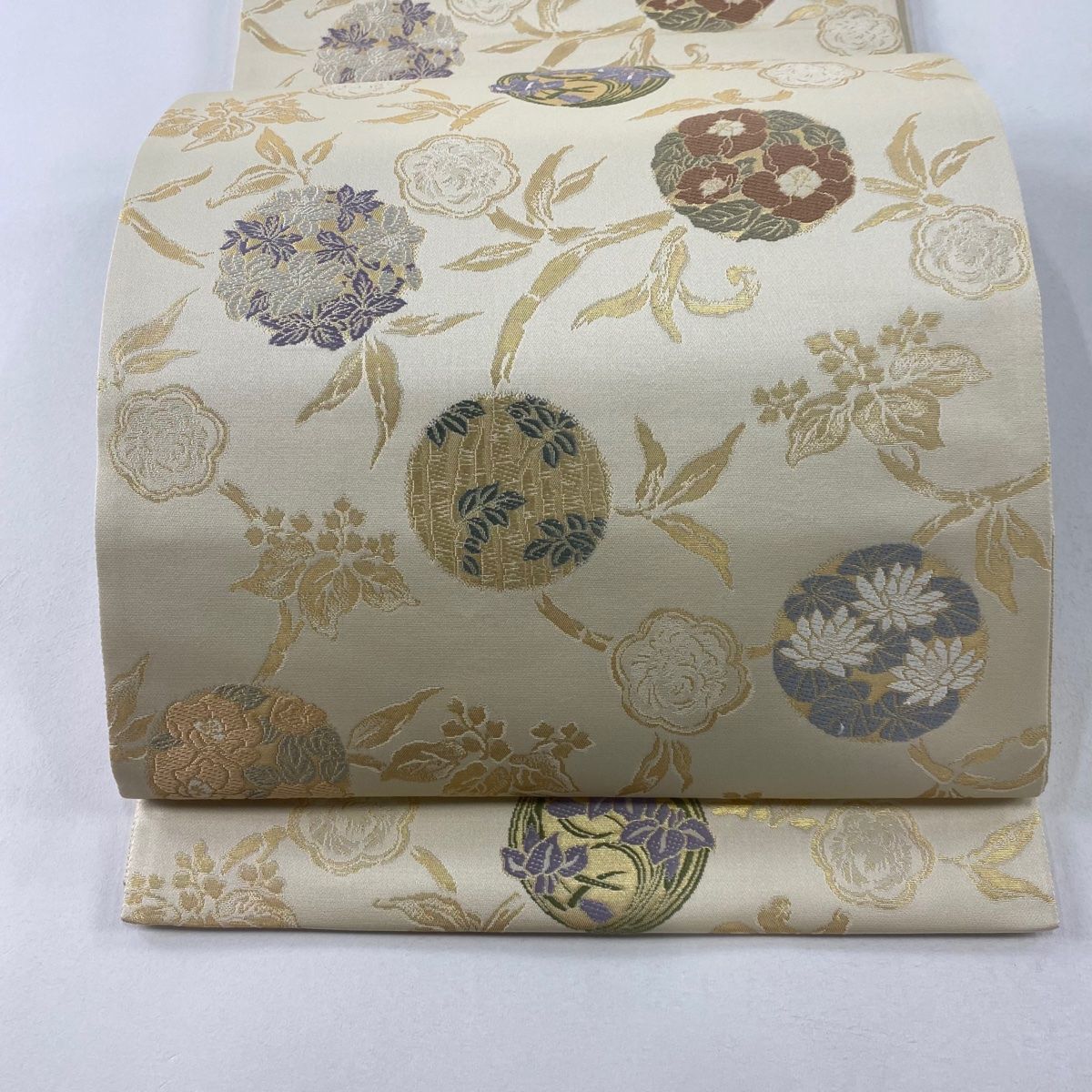 花柄 ベージュ 袋帯 袋帯 美品 名品 草木染 花丸文 草花 箔 ベージュ 六通 正絹