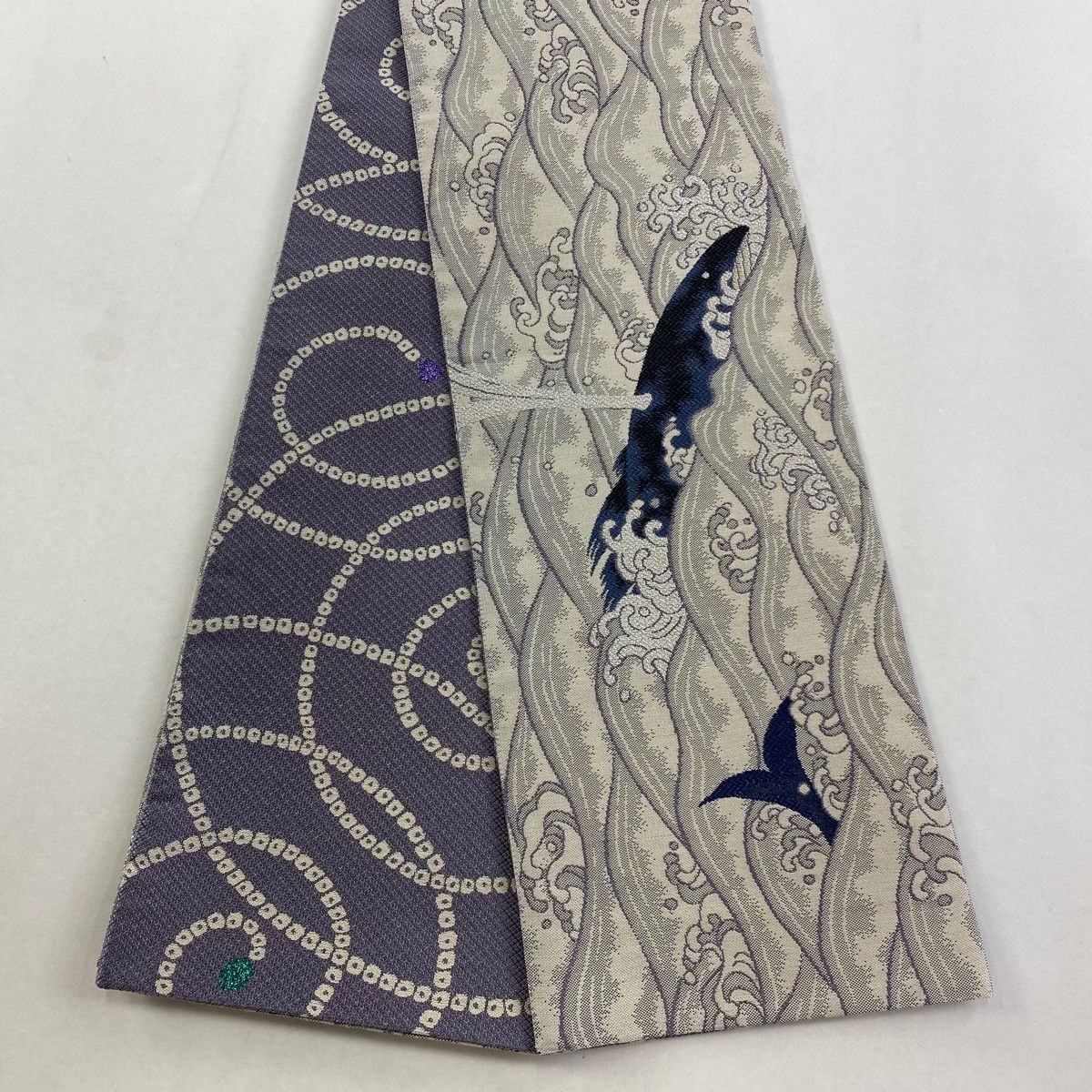 半幅帯 京西陣 鯨 波 金糸 灰色 正絹