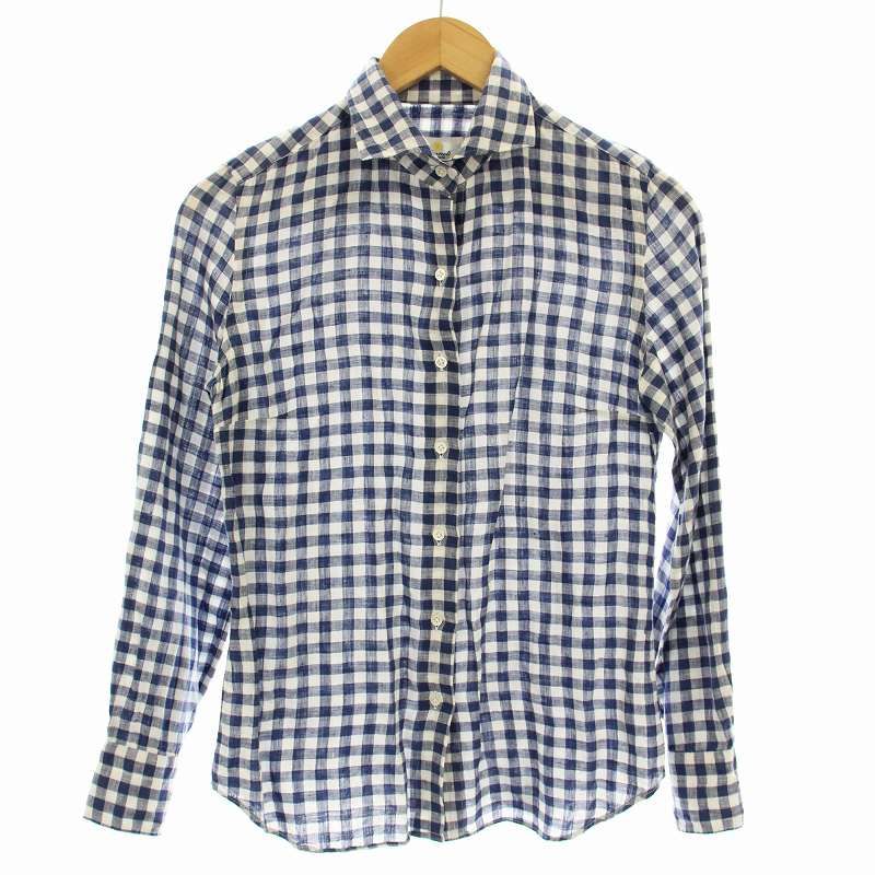 Giannettno ジャンネット 長袖シャツ チェック柄 M リネン ジャンネット GIANNETTO リネンシャツ チェック柄 麻 長袖 S 青