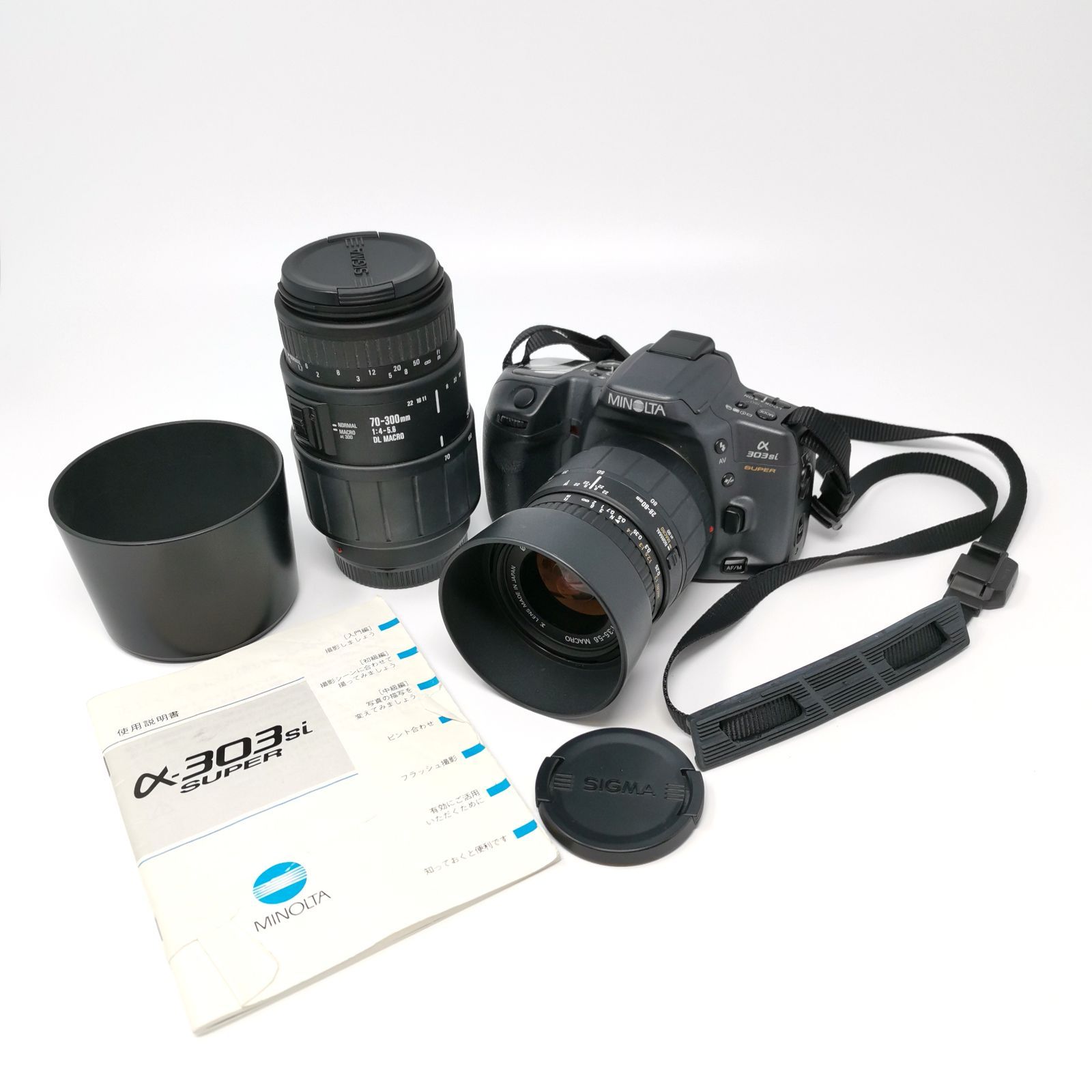 ミノルタ α 303si super sigma 28-80mm F3.5-5.6 Macro ズームレンズ 70-300mm 本体 レンズ2点 3点セット 電池ないため動作未 2CR5 レンズフードあり フィルムカメラ 管理番号ARCYKO2792