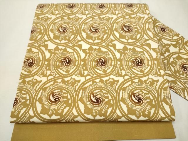 平和屋着物●全通柄　九寸名古屋帯　型染め　お召縮緬　花唐草文　正絹　逸品　CAAU9268hy 平和屋着物○全通柄 九寸名古屋帯 型染め お召縮緬 花