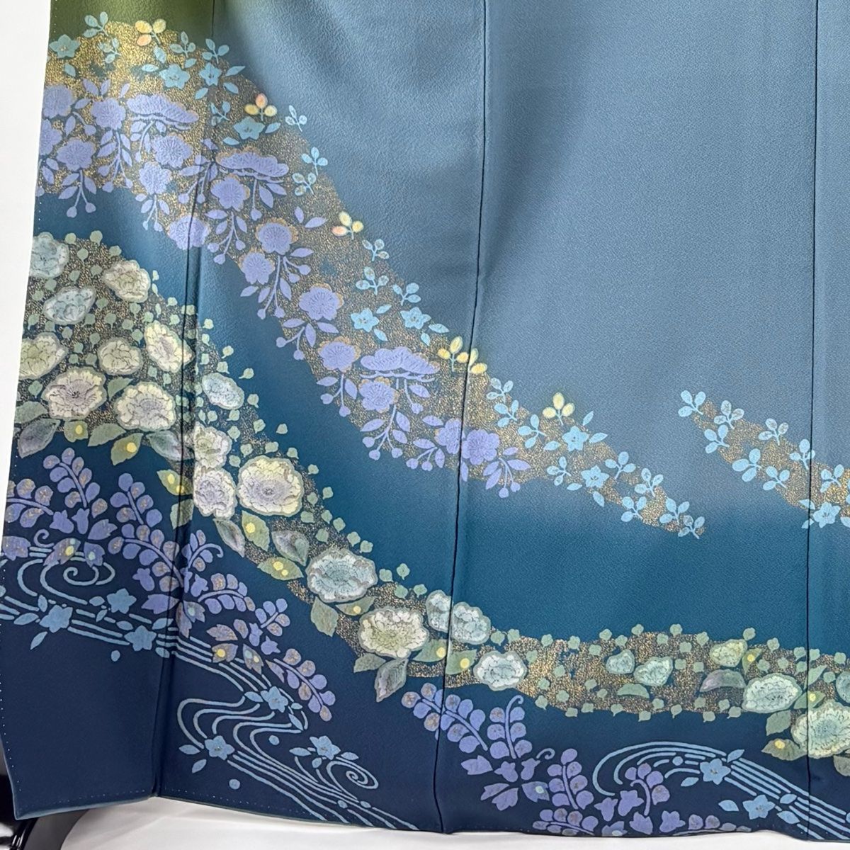 訪問着 身丈170cm 裄丈68.5cm L 袷 草花 流水 金彩 染め分け 青灰色 正絹