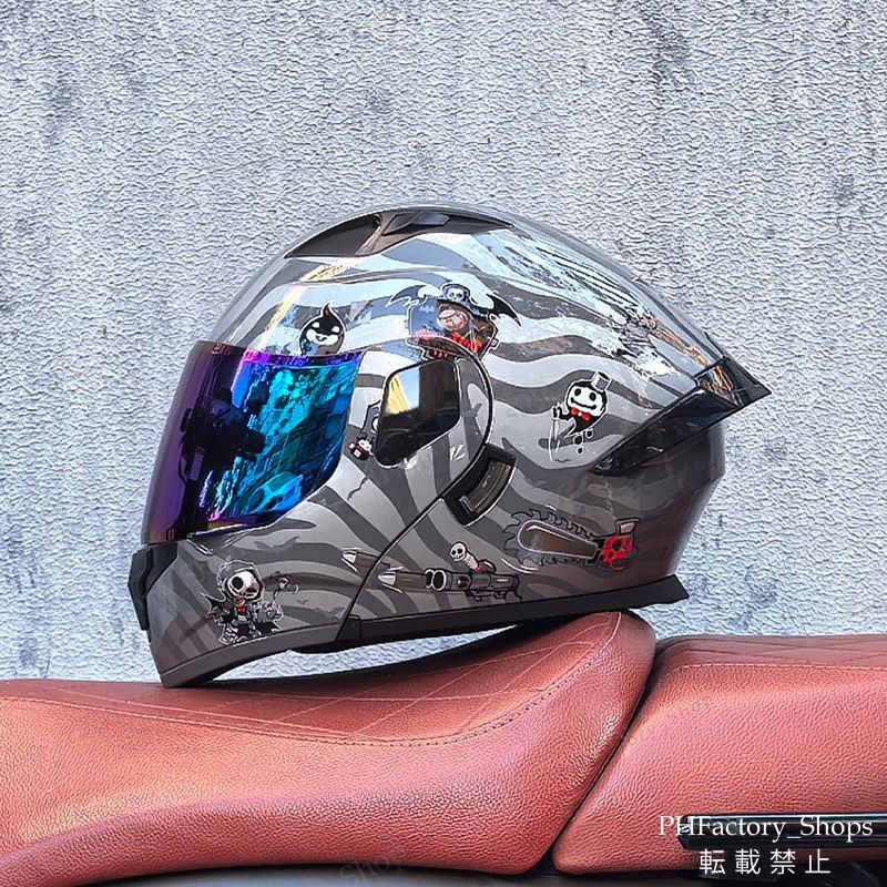 バイクヘルメット フリップアップヘルメット フルフェイスヘルメット DOT承認 クラッシュヘルメット 耐久性 安全性 通気性 男女兼用 幽霊 ゴーストデザイン グレー A130