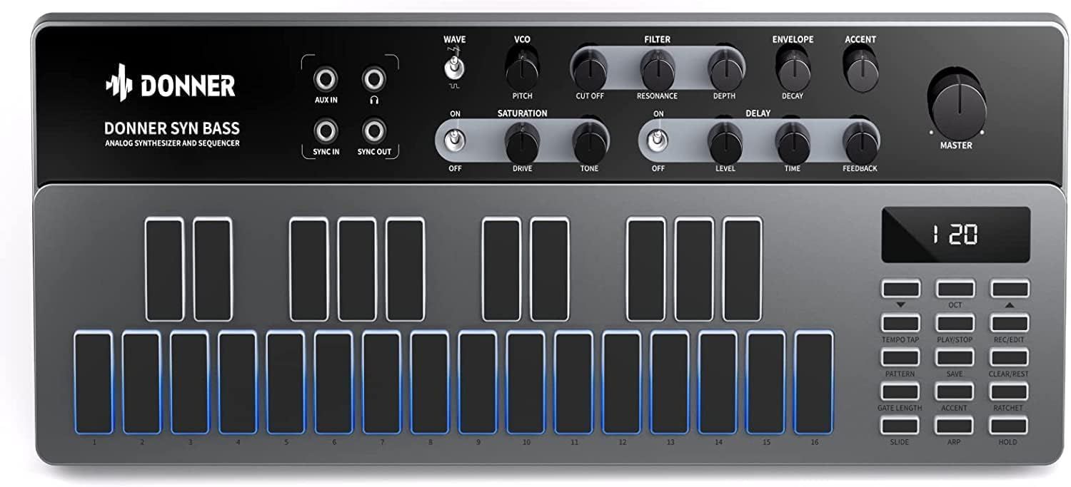 Donner シンセサイザー Essential B1 アナログ ベース シーケンサー 128パターン LEDスクリーン MIDI IN|OUT端子搭載 バックライト USB式 音楽制作 日本語説明書付