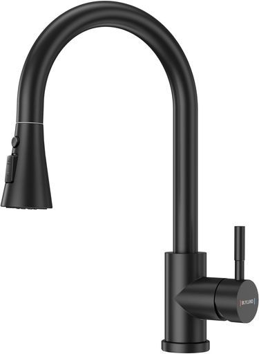 BLYLUNDキッチン水栓黒SUS304ステンレス鋼混合水栓モダンシングルハンドルシングルホールキッチン蛇口引き出し式ホース360°回転節水型バブリング水道蛇口マットブラック台所蛇口3つの水…