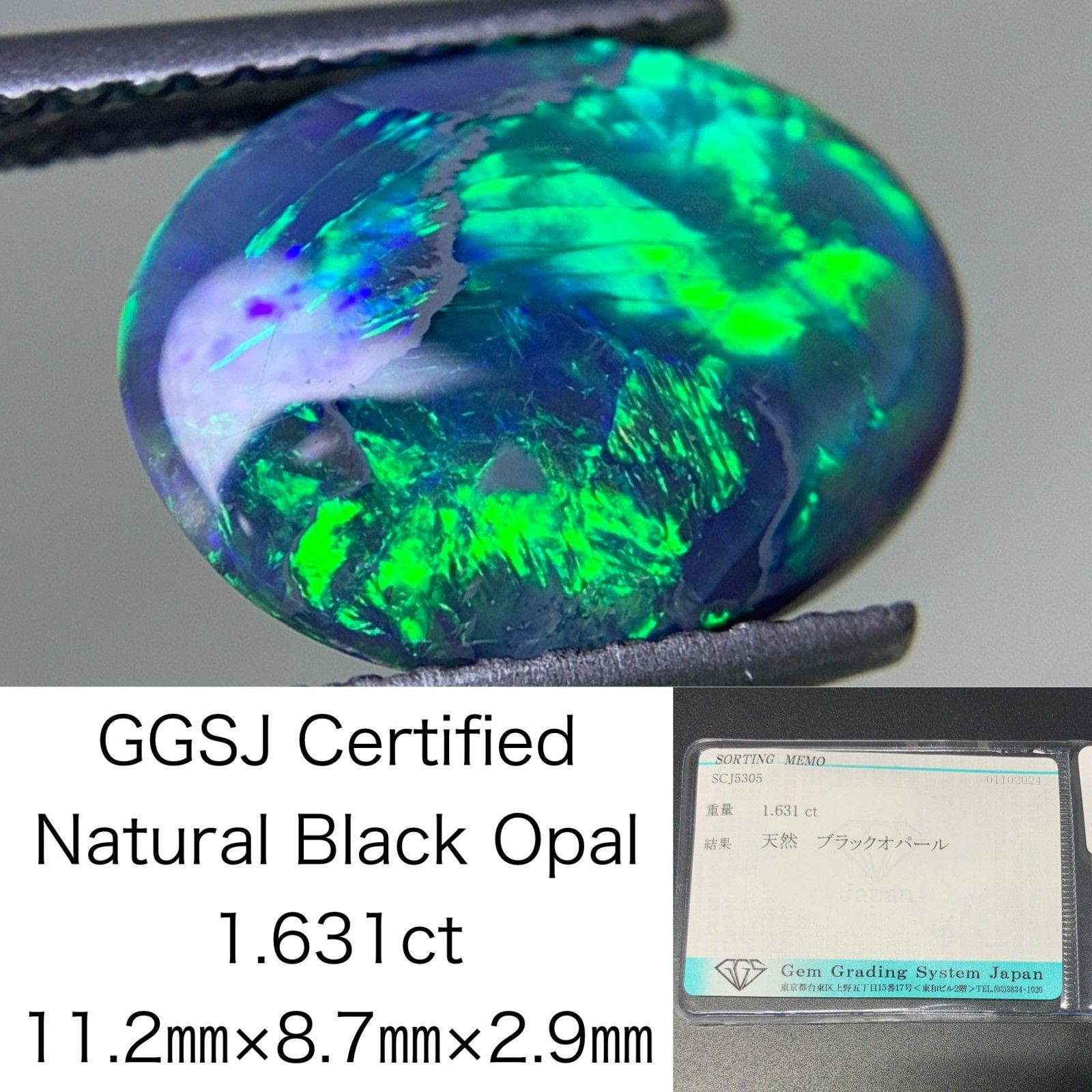  ブラックオパール 1.631ct 宝石ソーティング付き  11.2㎜×8.7㎜×2.9㎜  ルース（ 裸石 ） 2876Y ルース(裸石)・原石