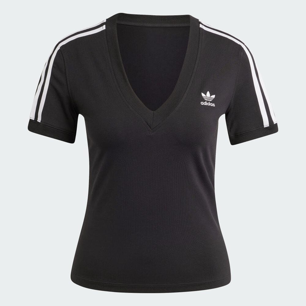 (アディダスオリジナルス) adidas Originals スリーストライプス Ｖネック スリム半袖Ｔシャツ レディース KMZ73 IU2416 WOMEN 3-STRIPES V‐NECK SLIM SHORT‐SLEEVE BLACK