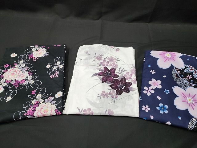 平和屋本店□浴衣 まとめて 3点 花柄 百合 ラメ 綿紅梅 など