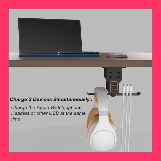 スタッフおすすめ！売れ筋ヘッドフォンスタンド Type C 1個 * USB A 充電ポート2個付き 2プロングACコンセント 電源ヘッドセットハンガー ヘッドホンホルダー フック 充電ステーション デスク下