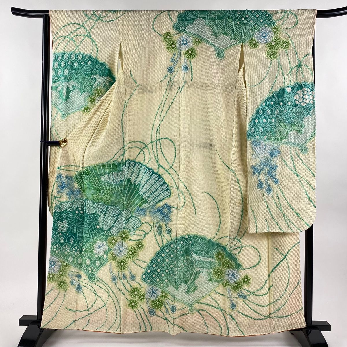 振袖 身丈160.5cm 裄丈66cm M 袷 檜扇 御所車 総絞り クリーム 正絹 秀  