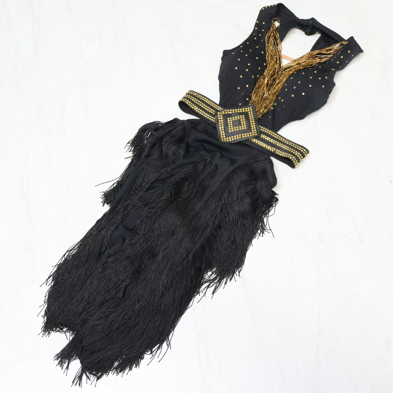 美品 社交ダンス衣装】ブラック ラテン ドレス ワンピース 黒 フリンジ