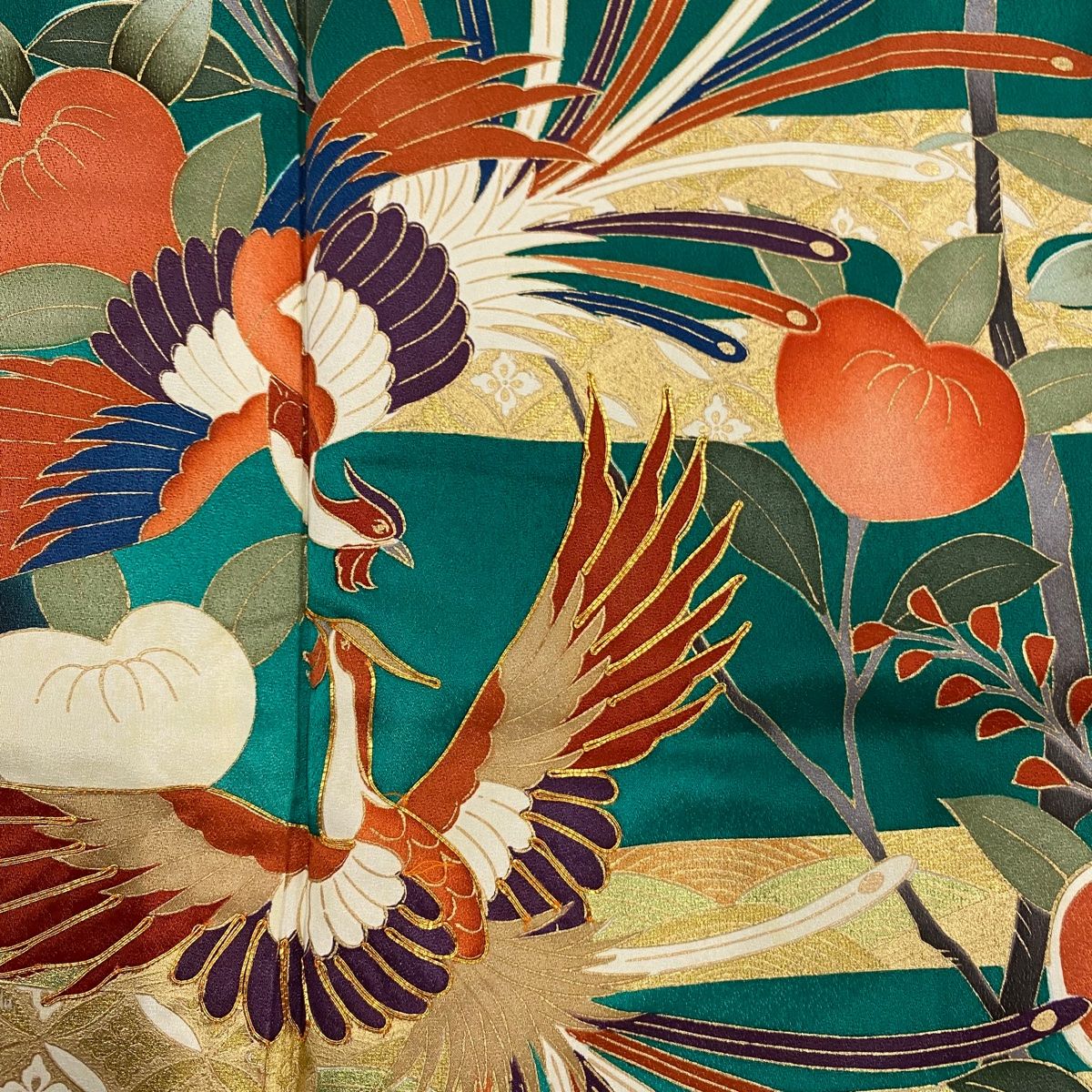 振袖 身丈172cm 裄丈65cm M 袷 鳳凰 橘 金糸 金彩 緑 正絹 秀品