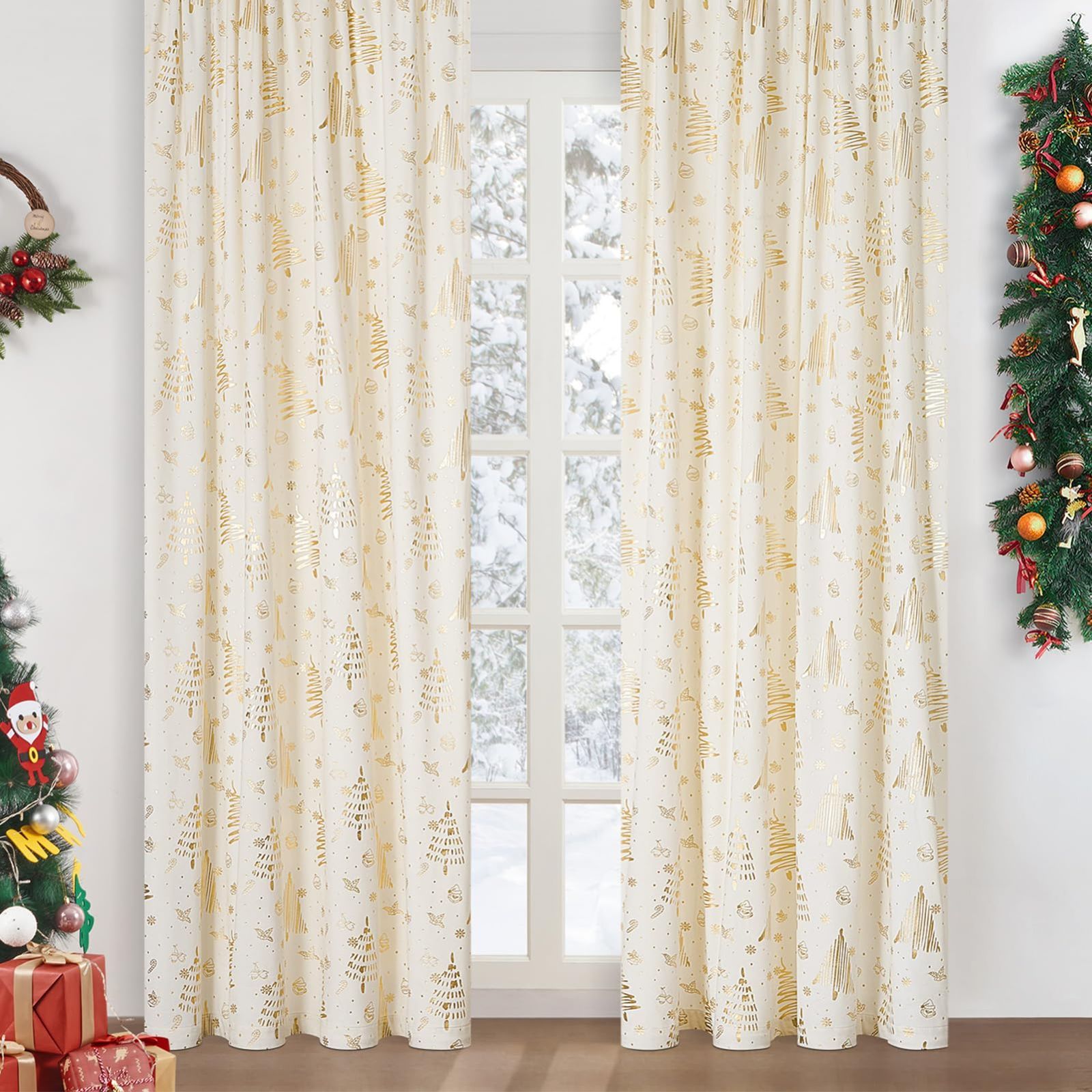 150cmx230cm_ベージュ Topfinel カーテン 遮光 金の箔プリント クリスマス ベージュ 幅150cm丈230cm かわいい おしゃれ 北欧 防寒 防寒カーテン 防音 節電対策 昼夜目隠し 1枚入り