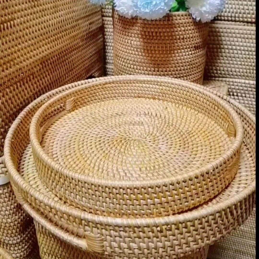 トレー トレイ ラタン 円形 丸型 おぼん 取っ手付き おし 楽天市場