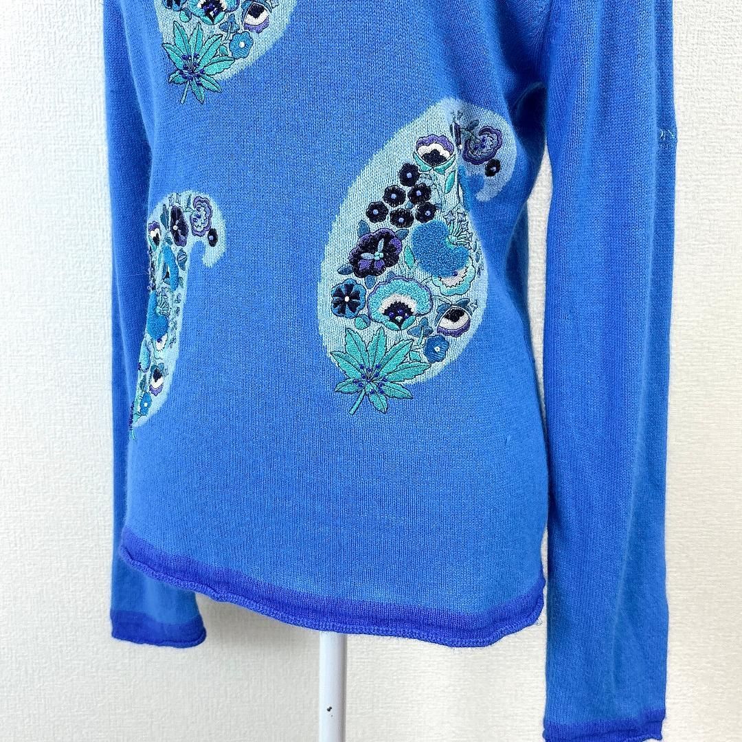 LEONARD 長袖ハイネックニット アンゴラ混 L ブルー ペイズリー柄 本物 LEONARD 長袖ハイネックニット アンゴラ混 L ブルー ペイズリー柄