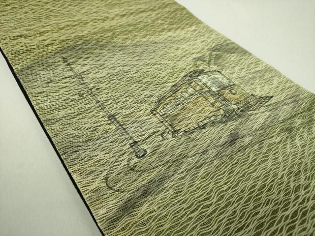 平和屋着物▽太鼓柄袋帯　作家物　スリーシーズン帯　春　夏　秋　櫛織り　手描き　路面電車　正絹　逸品　未使用　DAAS3179ps 平和屋着物▽太鼓柄袋帯 作家物 スリーシーズン帯 春 夏 秋 櫛織り
