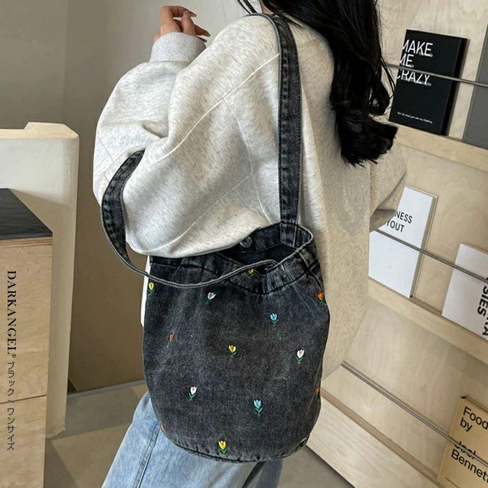 デニムバッグ レディース トートバッグ 花柄 刺繍 バケツバッグ
