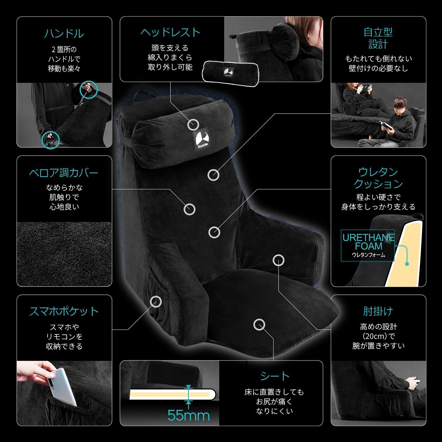 人気商品】グレー 背もたれ ポリウレタン 持ち運べるソファ ゲーミング