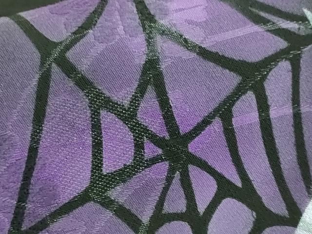 平和屋着物□極上 九寸名古屋帯 梟 ふくろう 蜘蛛 蜘蛛の巣 黒地 逸品  