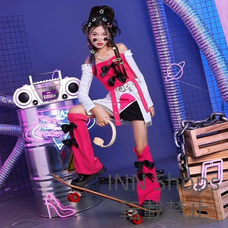 ダンス衣装 ヒップホップ ホワイト 白 ピンク ジャズダンス HIPHOP へそ出し 蝶結び カッコイイ ジュニア 長袖 トップス スカート レッグウ sdcp12