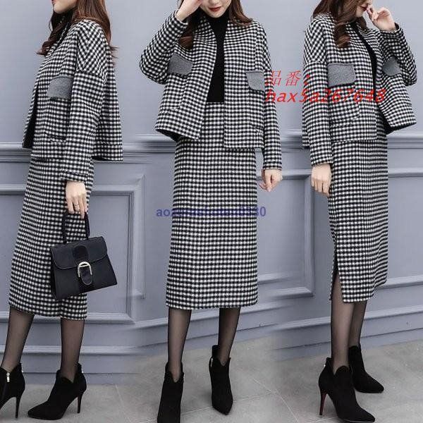 セットアップ レディース 上下セット アウター 前開き ジャケット ビジネス 長袖 ペンシルスカート チェック柄 格子柄 サイドスリット スカート hax 5 a 267648