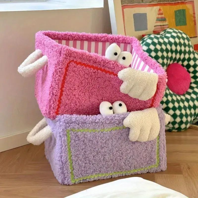 かわいい目玉付き収納ボックス - パステルパープルのふわふわコットンかわいいスナック収納バスケット、大容量の小さなモンスター型オーガナイザー、漫画雑貨収納箱、家の装飾、30.0 X24.9
