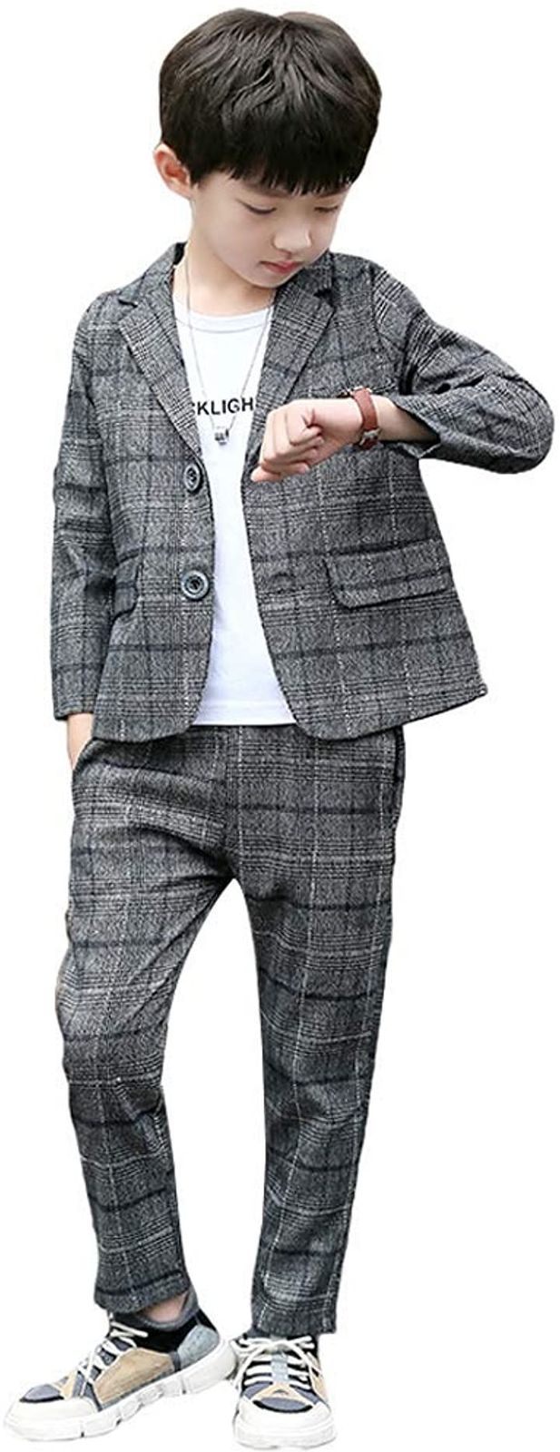 LOLANTA フォーマルスーツ キッズ チェック柄 2点セット 発表会 紳士服 入園式 入学式 卒業式( グレー，  130（身長115-125cm）)