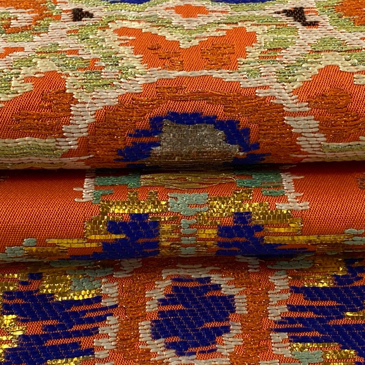 袋帯 逸品 龍村平蔵 落款 蜀江錦 金糸 箔 オレンジ 六通 正絹