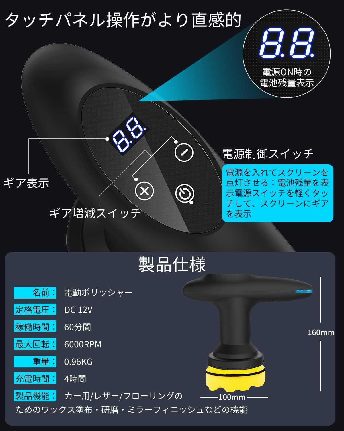 車磨き 洗車 ミニポリッシャー 鏡面磨き 小型ポリッシャー 残量表示 傷消し タッチパネル操作 偏心構造 0.96kg 艶出し 6段階変速 100mm 研磨 6000RPM 6000mAh ワックス作業 12V ダブルアクション コードレス 車用 Type-C