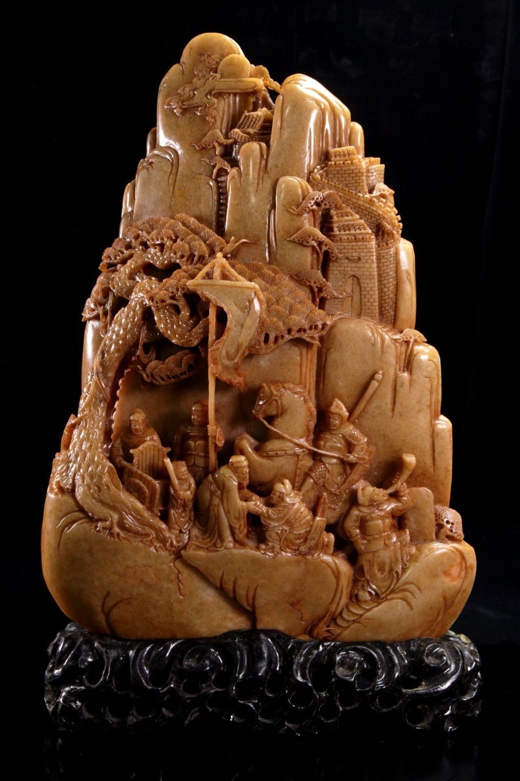 清時代 楼閣山水賢人彫刻 「鹿目田三國演義」寿山石置物 40cm 8477g 中国