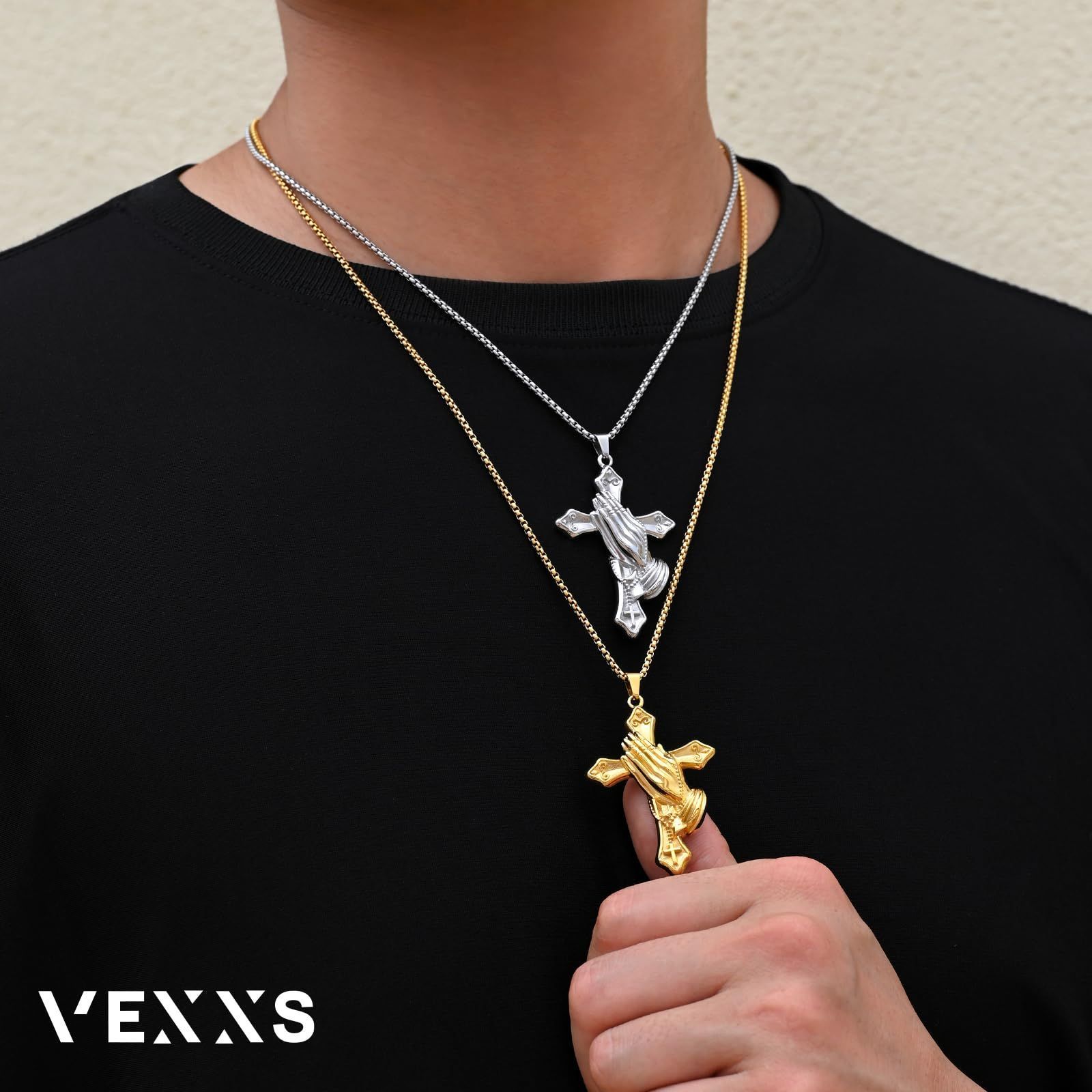 ベネチアンチェーン 長61 cm 付き 幅2.5 mm ユニセックス レディース かっこいい シルバー ゴールド K 18 祈る手 ペンダントトップ スカル 十字架 メンズ ネックレス クロス VEXXS