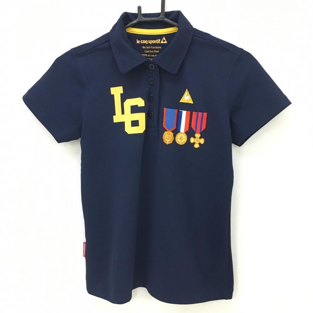 特価【美品】ルコック 半袖ポロシャツ ネイビー×イエロー メダル ロゴ刺しゅう  レディース M ゴルフウェア le coq sportif
