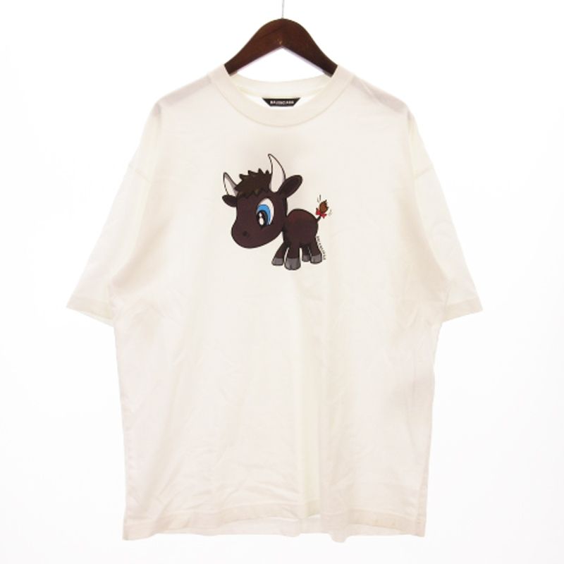 バレンシアガ BALENCIAGA Tシャツ カットソー 五分袖 クルーネック 牛 プリント コットン 白 ホワイト M