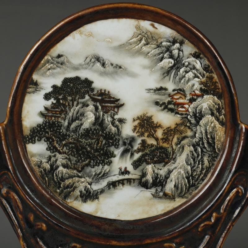 磁器 置物 中国美術品 屏風 びょうぶ 粉彩 雪風景 中国 手作り