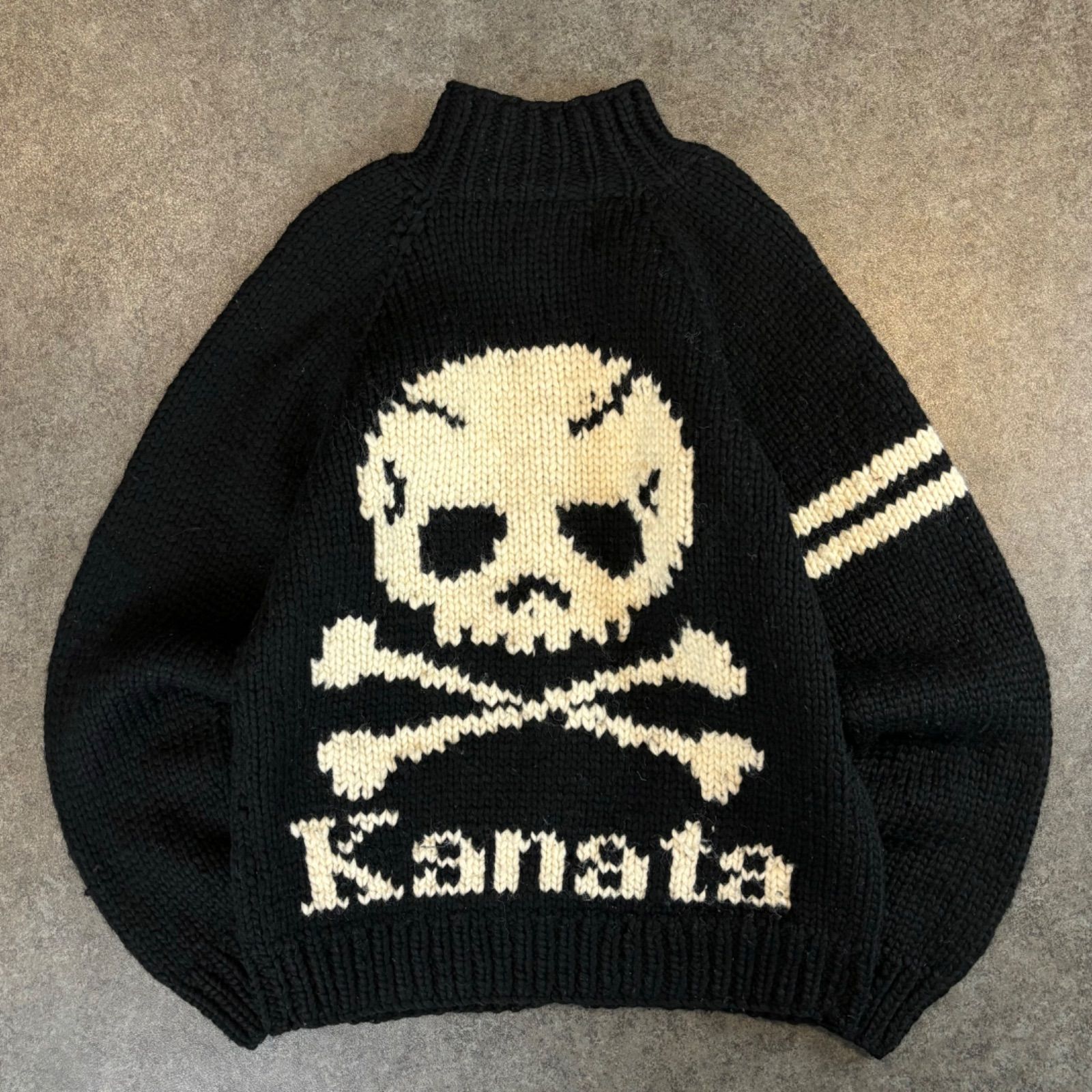 珍品 カナダ製 kanata Cowichan Handmade Knit Jacket Skull 100% wool カナタ カウチン ハンドニット ジャケット ブラック ドクロ スカル 骸骨 ウール