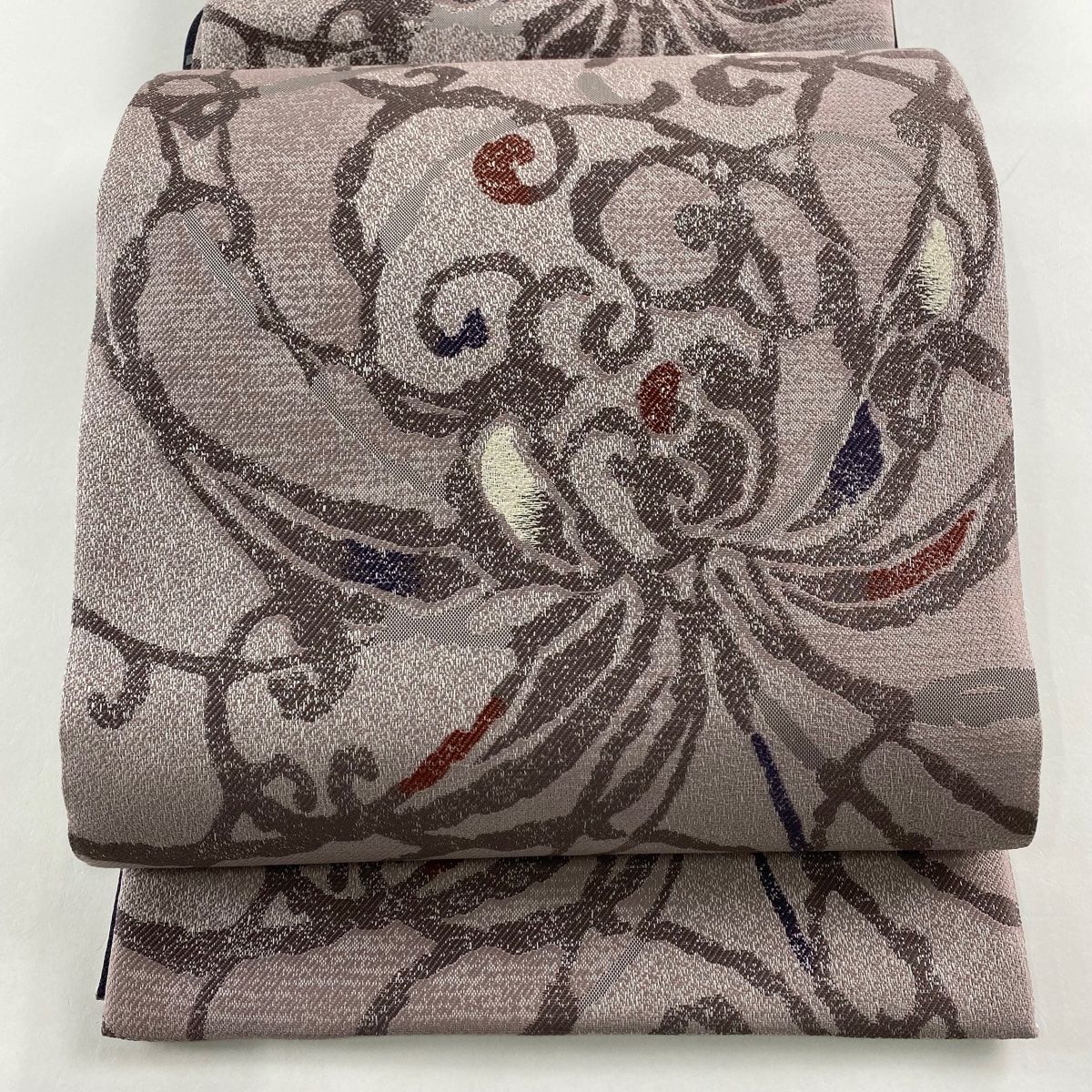 バイセル 着物 美品 名品 袋帯 水色 草花 縞 花唐草 箔 六通 正絹 ☆☆☆☆ 袋帯 秀品 花唐草 縞 紫 全通 正絹｜中古・古着・リサイクル着物通販