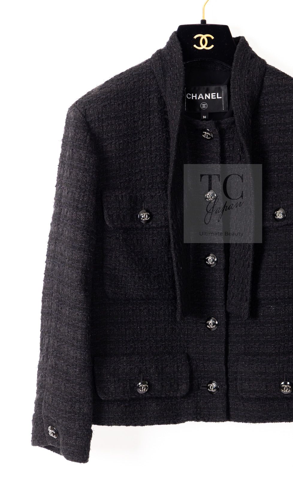 シャネル ジャケット スーツ CHANEL ブラック 黒 リボン ココボタン 春  