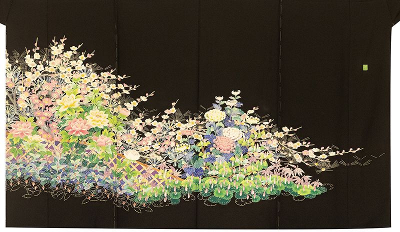 ゆりのはな　未使用品　黒留袖　京友禅金彩ボカシ　作家物　松竹梅に風景画　C702 ゆりのはな 未使用品 黒留袖 京友禅金彩ボカシ 作家物 松竹梅に