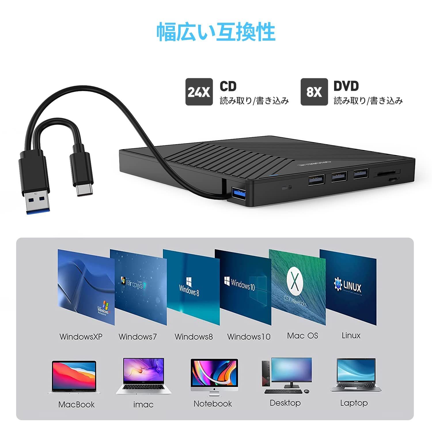 在庫処分】DVDドライブ 外付け 光学 USB HUB 薄型ポータブル CD Mac