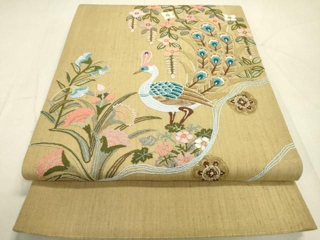 高級 袋帯 正絹 お太鼓柄 蘇州刺繍 中国刺繍 ゴールド 孔雀 フォーマル 平和屋着物○中国三大刺繍 相良刺繍 総刺繍 太鼓柄袋帯 紬地