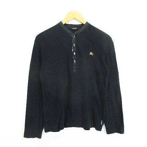 バーバリーブラックレーベル BURBERRY BLACK LABEL カットソー Tシャツ 長袖 ヘンリーネック バンドカラー 部分ノバチェック ロゴ  2 ブラック ※EKM