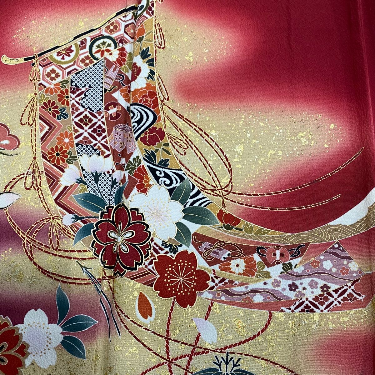 振袖 身丈158cm 裄丈63.5cm S 袷 枝花 梅 染め分け ぼかし 山吹色 正絹  