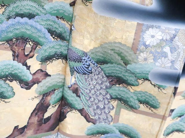 【着物】黒留袖 五つ紋 比翼仕立 寿光織 金糸 松・尾長鳥文 身丈約157cm 裄丈約59.5cm 25z06-3279 一輝堂】【着物】黒留袖 五つ紋 比翼仕立 寿光織 金糸 松・尾長鳥文