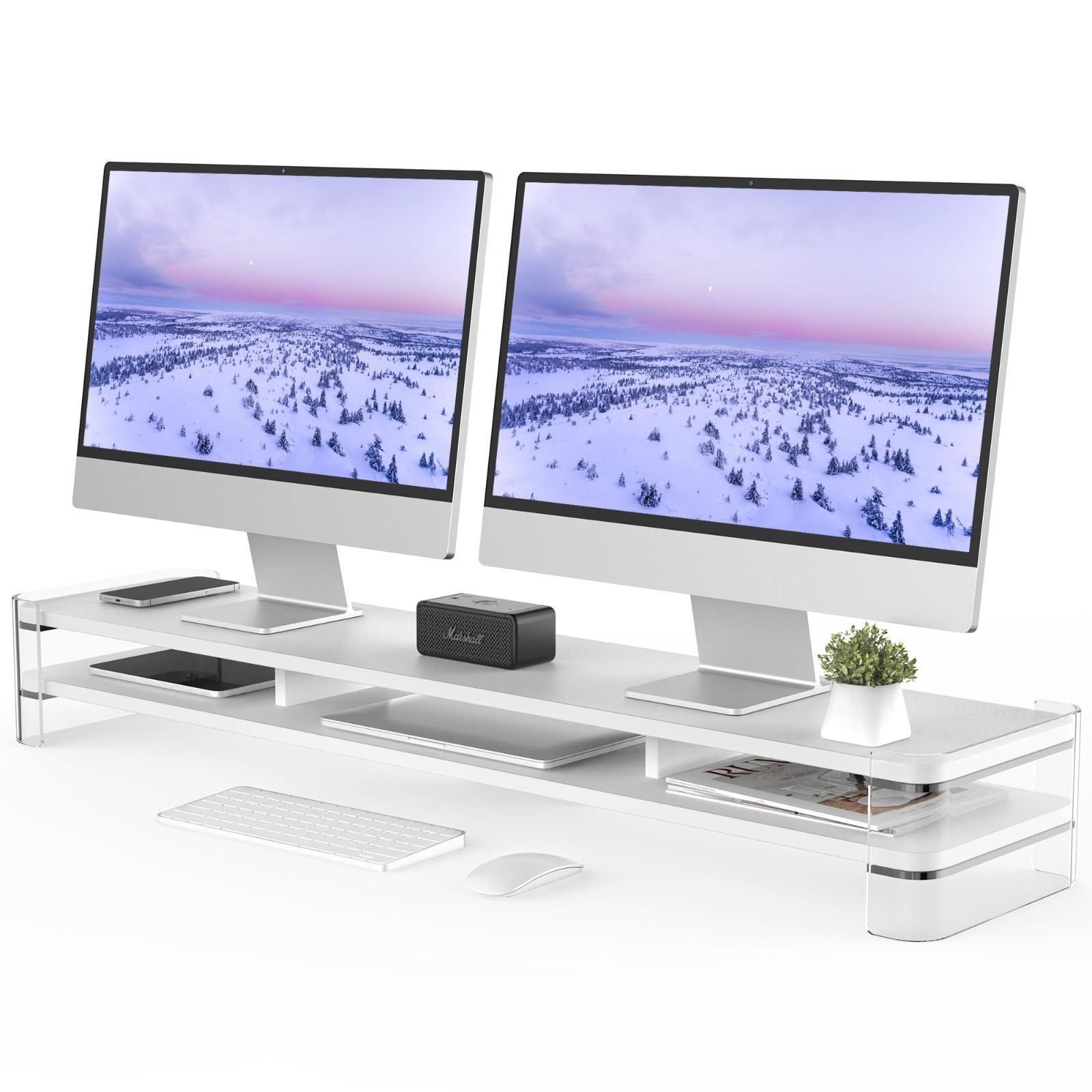 新着商品 机上 デスクトップ用 モニタースタンド モニタースタンド アクリル製脚 机上台 机上台 pcモニター台 木製天板 2段 パソコンラック 110cm横幅 卓上 卓上 机上ラック 収納 PC台 整理整頓 パソコン台 モニター台 ホワイトG04T2101