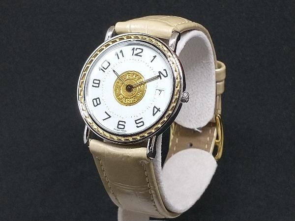 HERMES エルメス セリエ デイト GP SS ホワイト文字盤 社外レザー