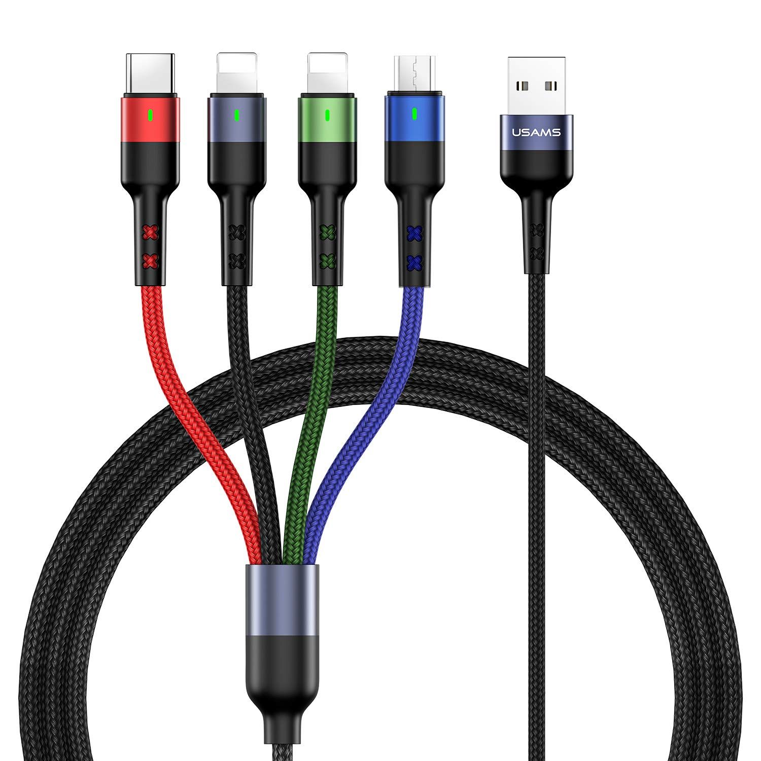 USAMS マルチ充電ケーブル 4フィート 4-in-1 ナイロン編み マルチUSB 高速充電コード アダプター Type-C Micro USBポートコネクター 携帯電話 タブレットなどに対応 2本パック [マルチカラー] [4FT]